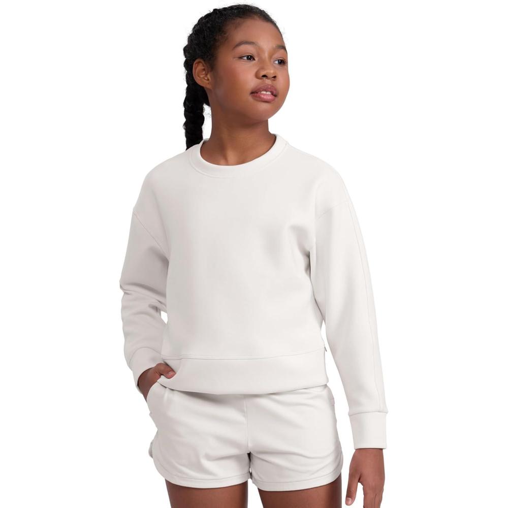 imageCRZ YOGA Girls SoftAura Long Sleeve Crew Neck Casual Hoodie Lounge Pullover Sweatshirts Relaxed Waist Length Kids TeenMilky White
