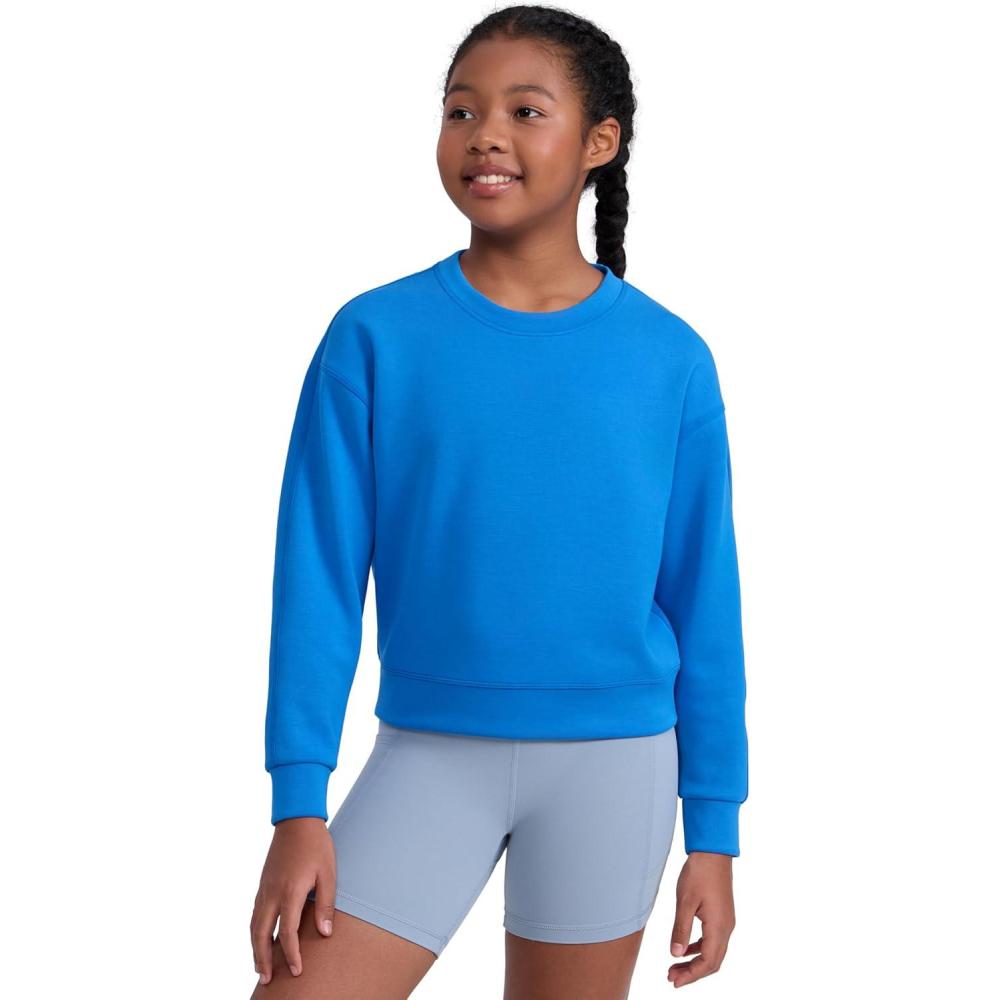 imageCRZ YOGA Girls SoftAura Long Sleeve Crew Neck Casual Hoodie Lounge Pullover Sweatshirts Relaxed Waist Length Kids TeenSparkle Blue