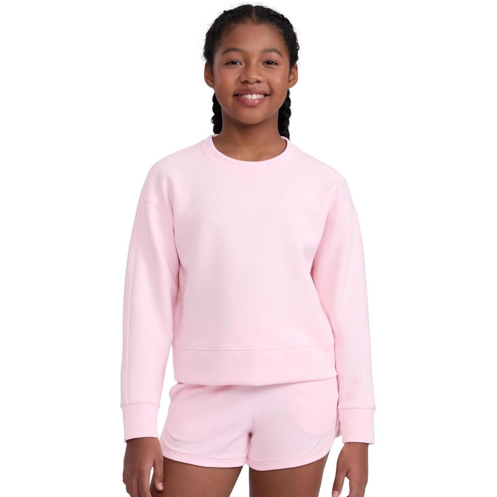 imageCRZ YOGA Girls SoftAura Long Sleeve Crew Neck Casual Hoodie Lounge Pullover Sweatshirts Relaxed Waist Length Kids TeenStrawberry Pink