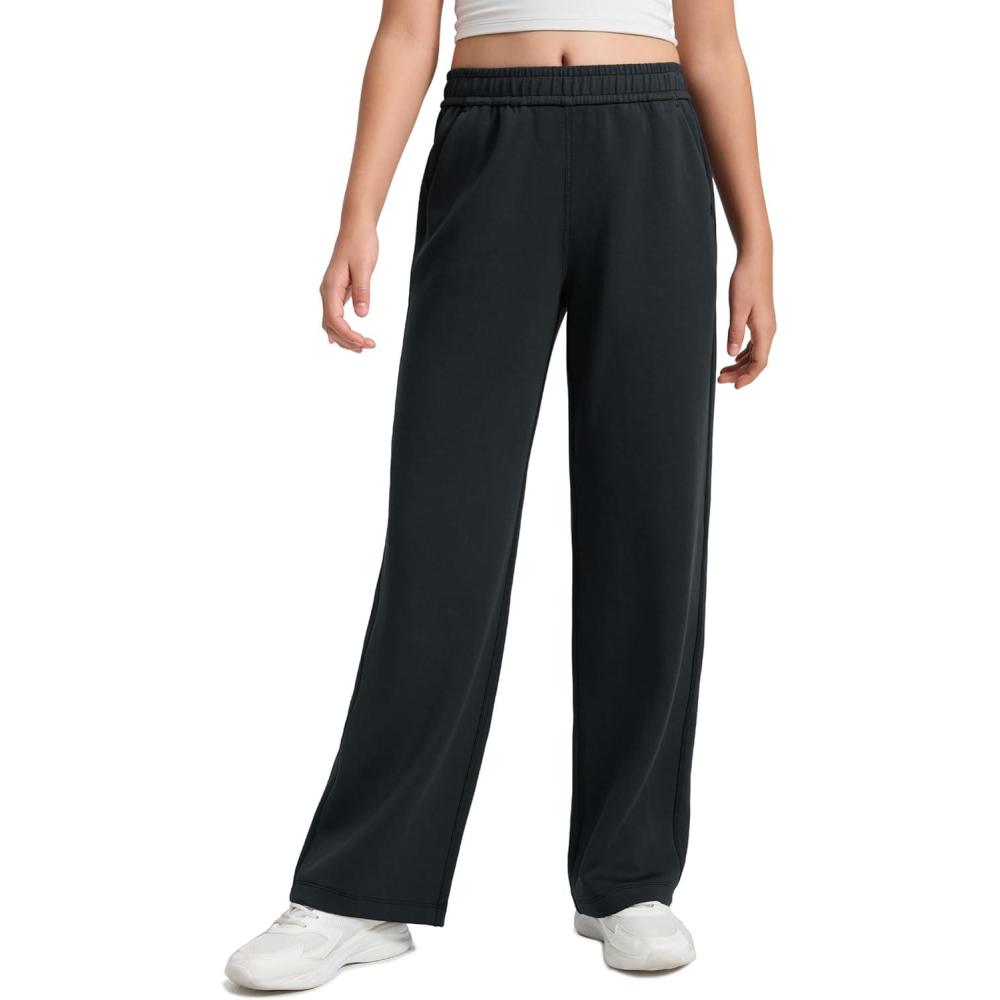 imageCRZ YOGA Girls SoftAura Wide Leg Casual Sweatpants with Pockets Lounge High Waist Pants Drawstring Kids TeenBlack