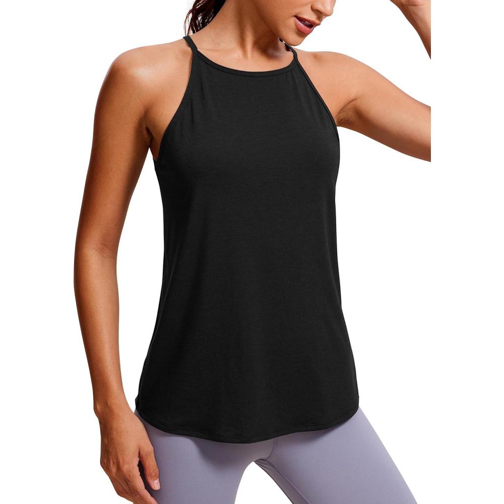 imageCRZ YOGA Halter High Neck Workout Tops for Women Flowy Cami Sleeveless Tank Athletic Yoga ShirtsBlack