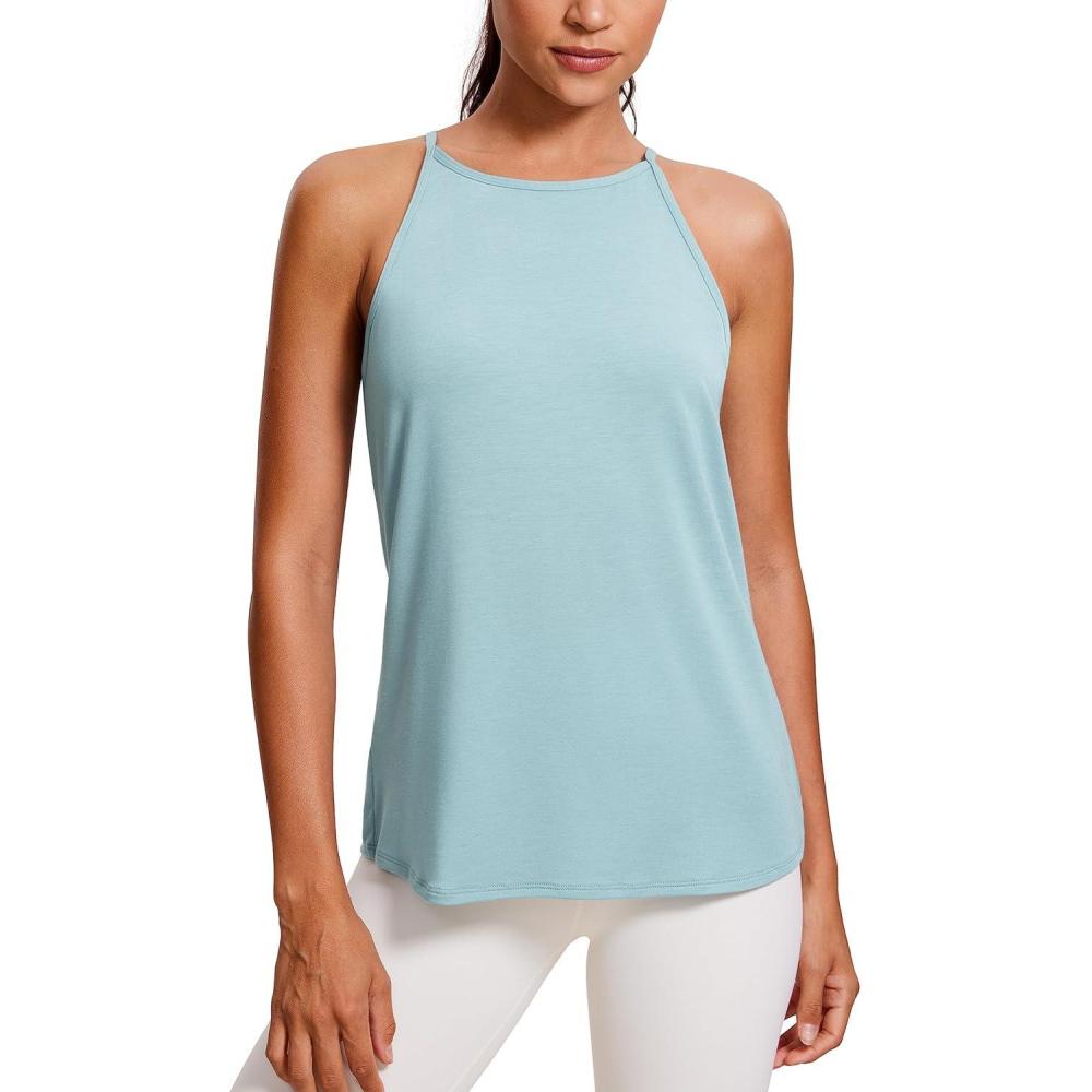 imageCRZ YOGA Halter High Neck Workout Tops for Women Flowy Cami Sleeveless Tank Athletic Yoga ShirtsPure Blue