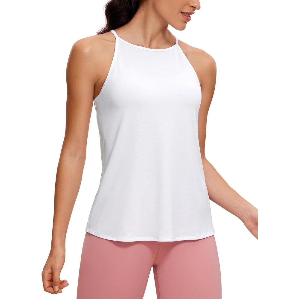 imageCRZ YOGA Halter High Neck Workout Tops for Women Flowy Cami Sleeveless Tank Athletic Yoga ShirtsWhite