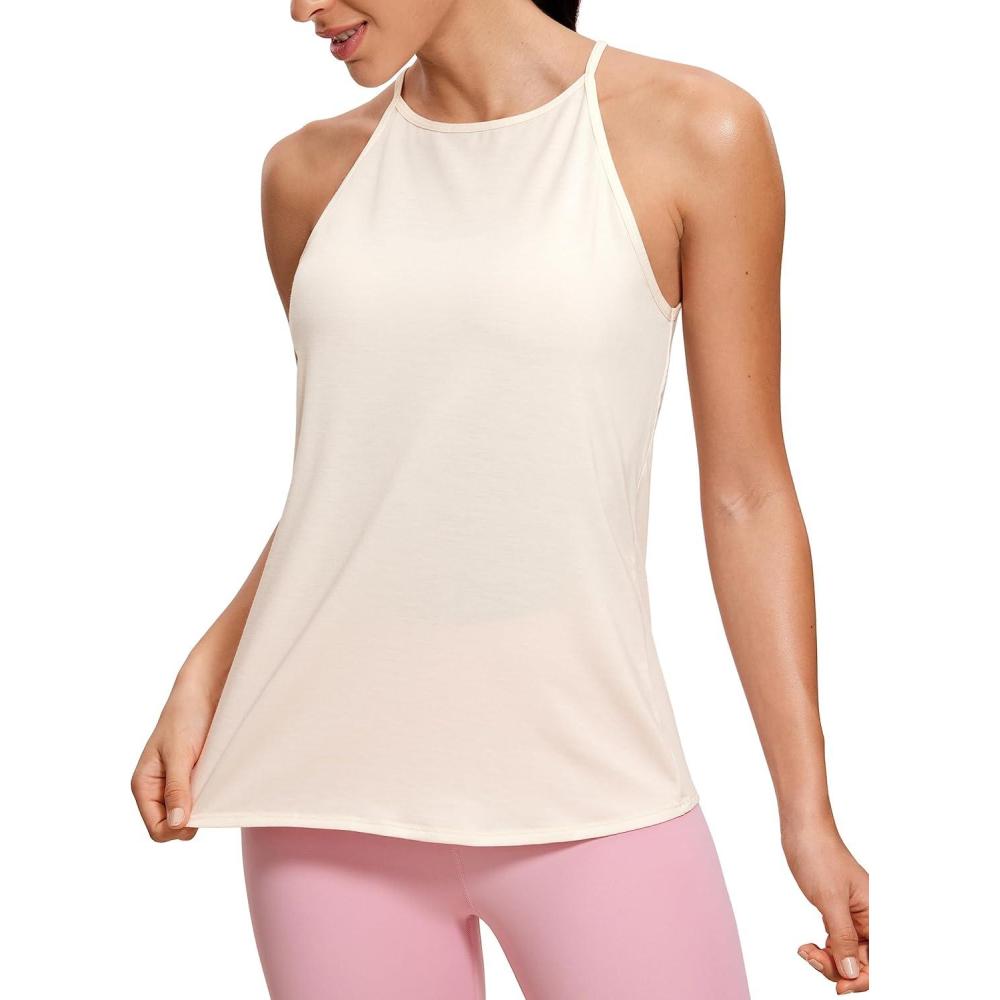imageCRZ YOGA Halter High Neck Workout Tops for Women Flowy Cami Sleeveless Tank Athletic Yoga ShirtsWhite Apricot
