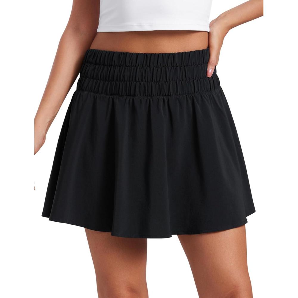 imageCRZ YOGA High ShirredWaisted Tennis Skirts for Women Mini Lined Golf Casual Athletic Flowy Skorts with PocketsBlack
