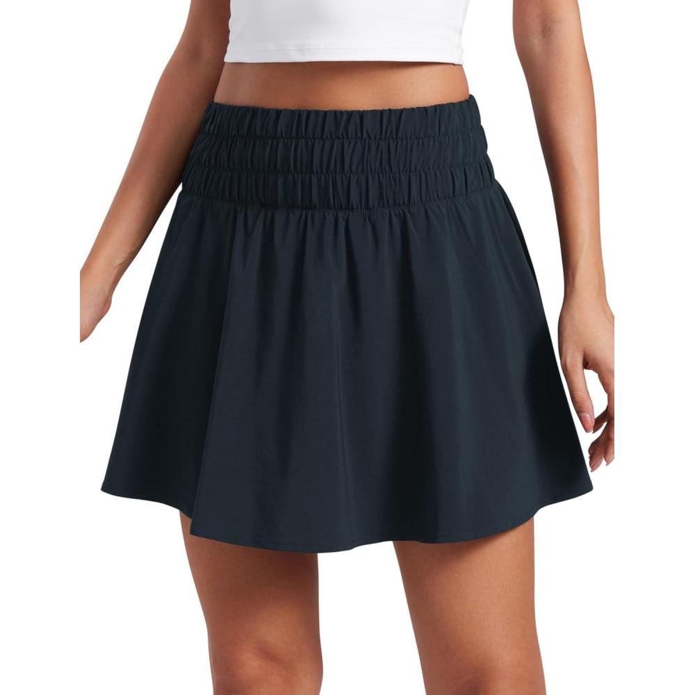 imageCRZ YOGA High ShirredWaisted Tennis Skirts for Women Mini Lined Golf Casual Athletic Flowy Skorts with PocketsTrue Navy