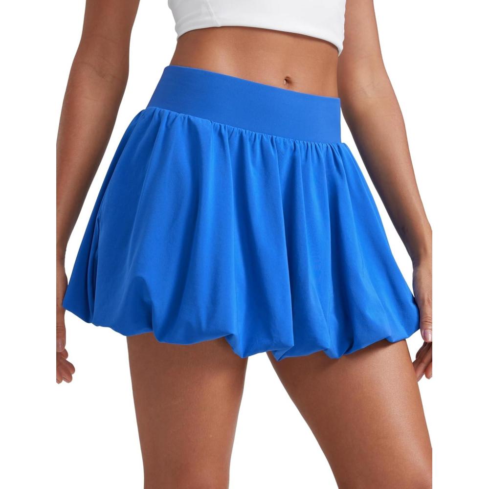 imageCRZ YOGA High Waisted Bubble Tennis Skirts for Women Mini Casual Ruffled Hem Lined Balloon Skort with PocketsSparkle Blue