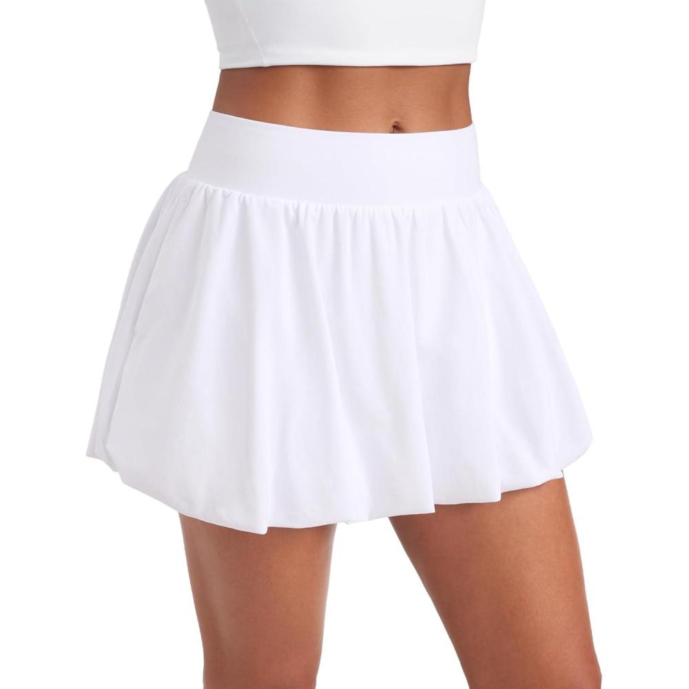 imageCRZ YOGA High Waisted Bubble Tennis Skirts for Women Mini Casual Ruffled Hem Lined Balloon Skort with PocketsWhite