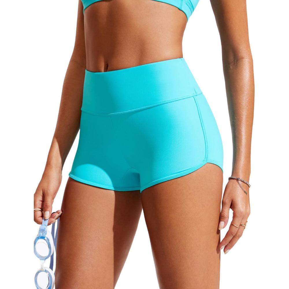 imageCRZ YOGA High Waisted Dolphin Board Shorts for Women 25 Quick Dry Swim Beach Bathing Suit Bottoms with LinerTurquoise