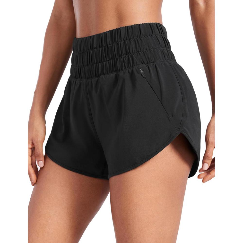 imageCRZ YOGA High Waisted Dolphin Running Shorts for Womens Mesh Liner for Gym Workout Athletic with Zipper PocketBlack