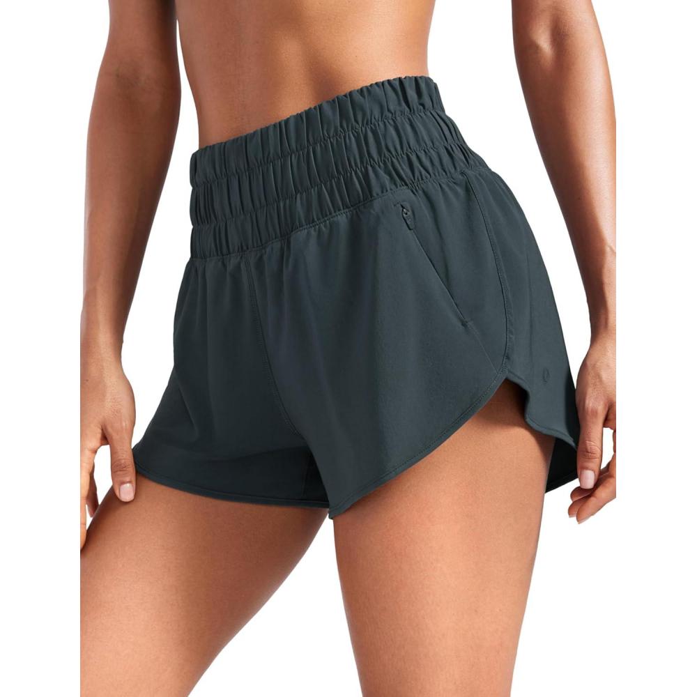 imageCRZ YOGA High Waisted Dolphin Running Shorts for Womens Mesh Liner for Gym Workout Athletic with Zipper PocketMelanite