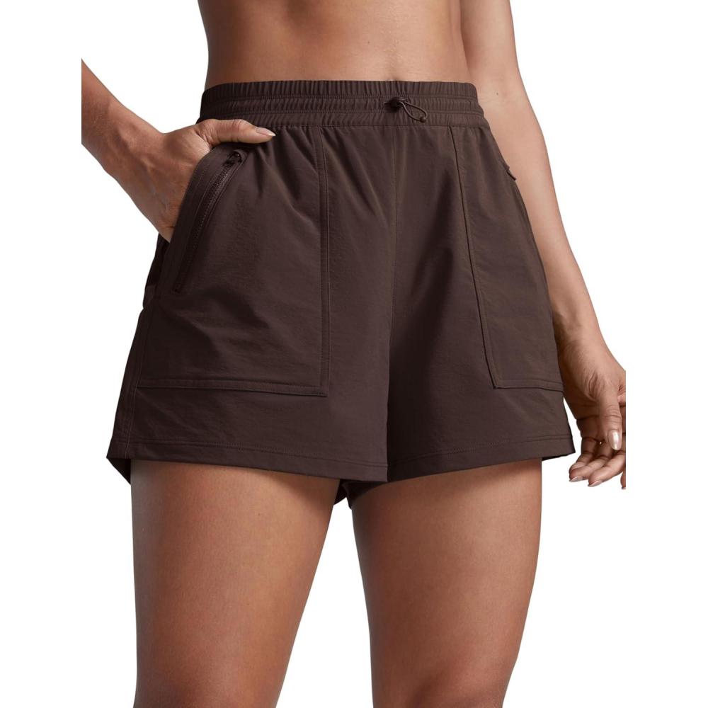 imageCRZ YOGA High Waisted Hiking Shorts for Women 3quot Water Resistant Cargo for Athletic Travel Outdoor with Zip PocketsHot Fudge Brown