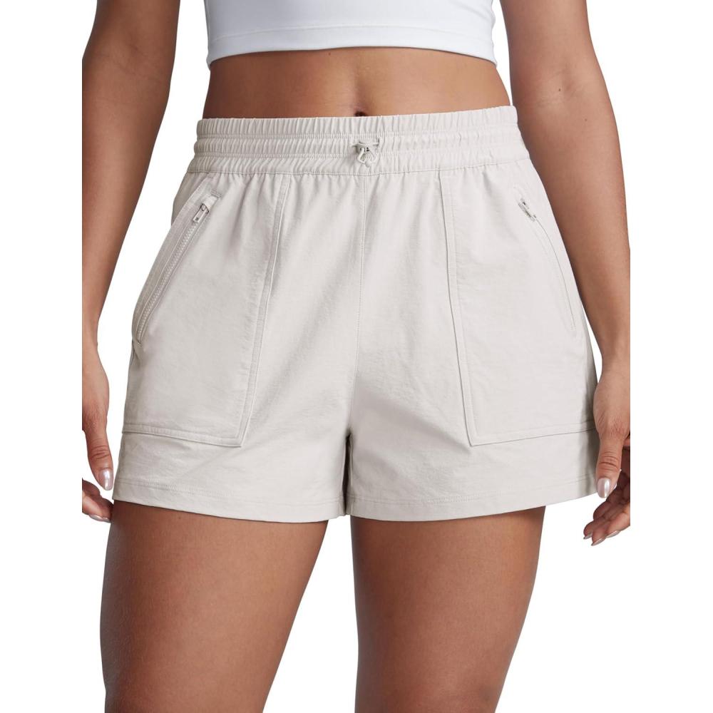 imageCRZ YOGA High Waisted Hiking Shorts for Women 3quot Water Resistant Cargo for Athletic Travel Outdoor with Zip PocketsMilky White Bone