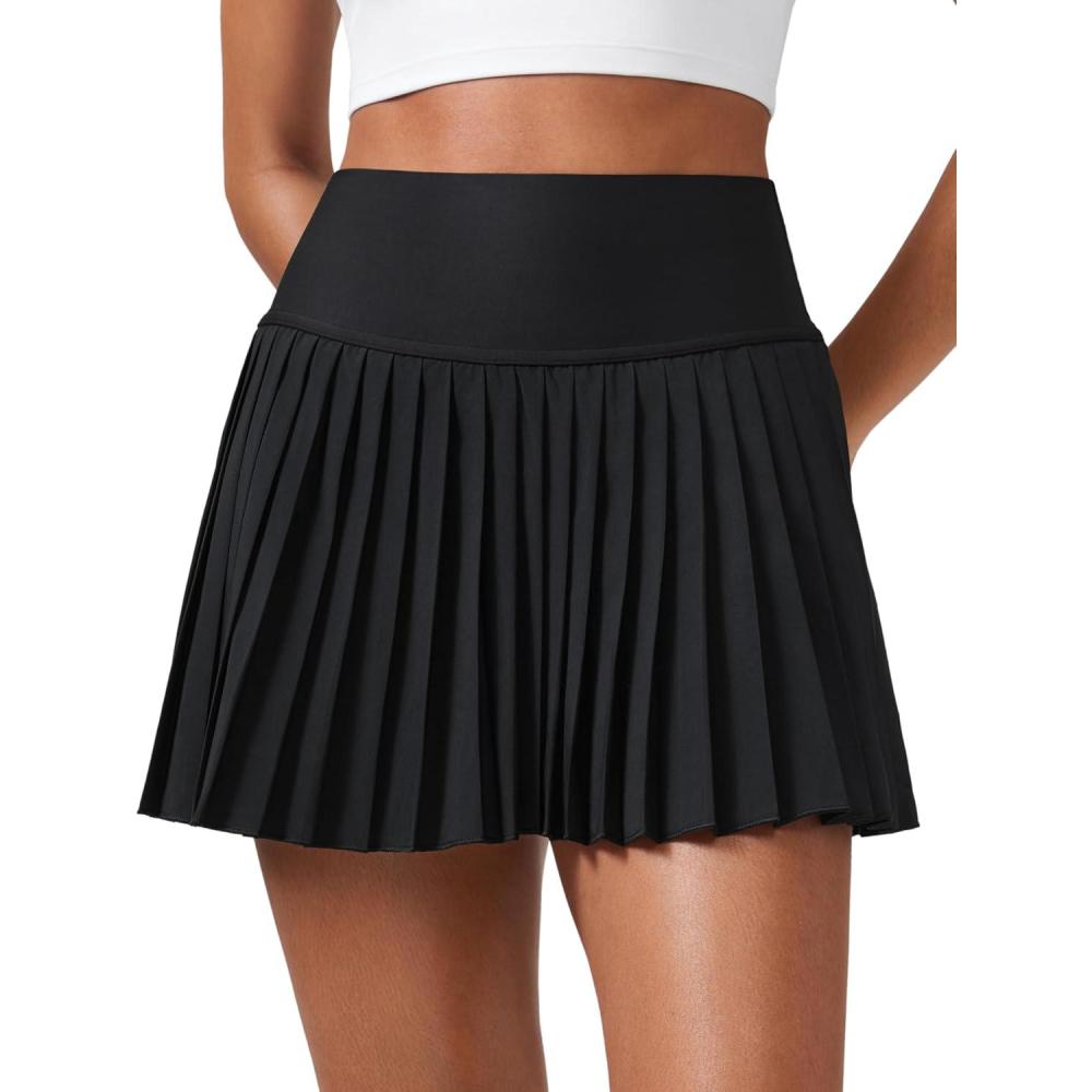 imageCRZ YOGA High Waisted Pleated Tennis Skirts for Women Mini Lined Casual Tummy Control Skort with PocketsBlack