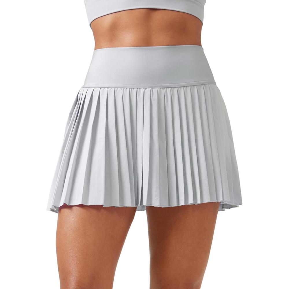 imageCRZ YOGA High Waisted Pleated Tennis Skirts for Women Mini Lined Casual Tummy Control Skort with PocketsPlatinum Grey