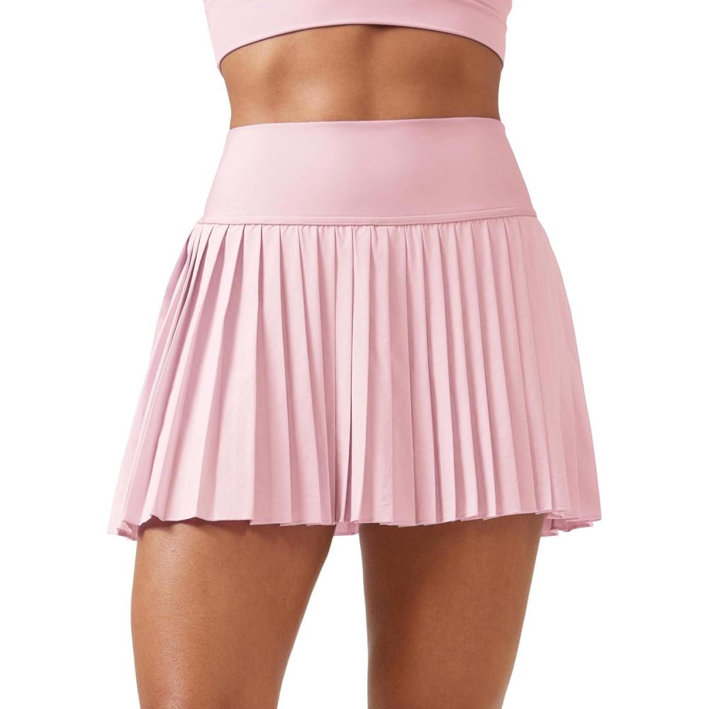 imageCRZ YOGA High Waisted Pleated Tennis Skirts for Women Mini Lined Casual Tummy Control Skort with PocketsStrawberry Pink