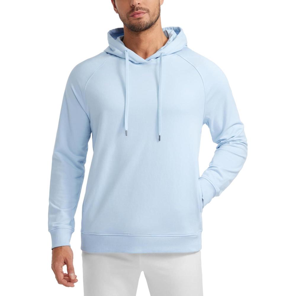 imageCRZ YOGA Hoodies for Men French Terry Hooded Sweatshirts Workout Athletic Casual Pullover Tops with PocketChambray Blue
