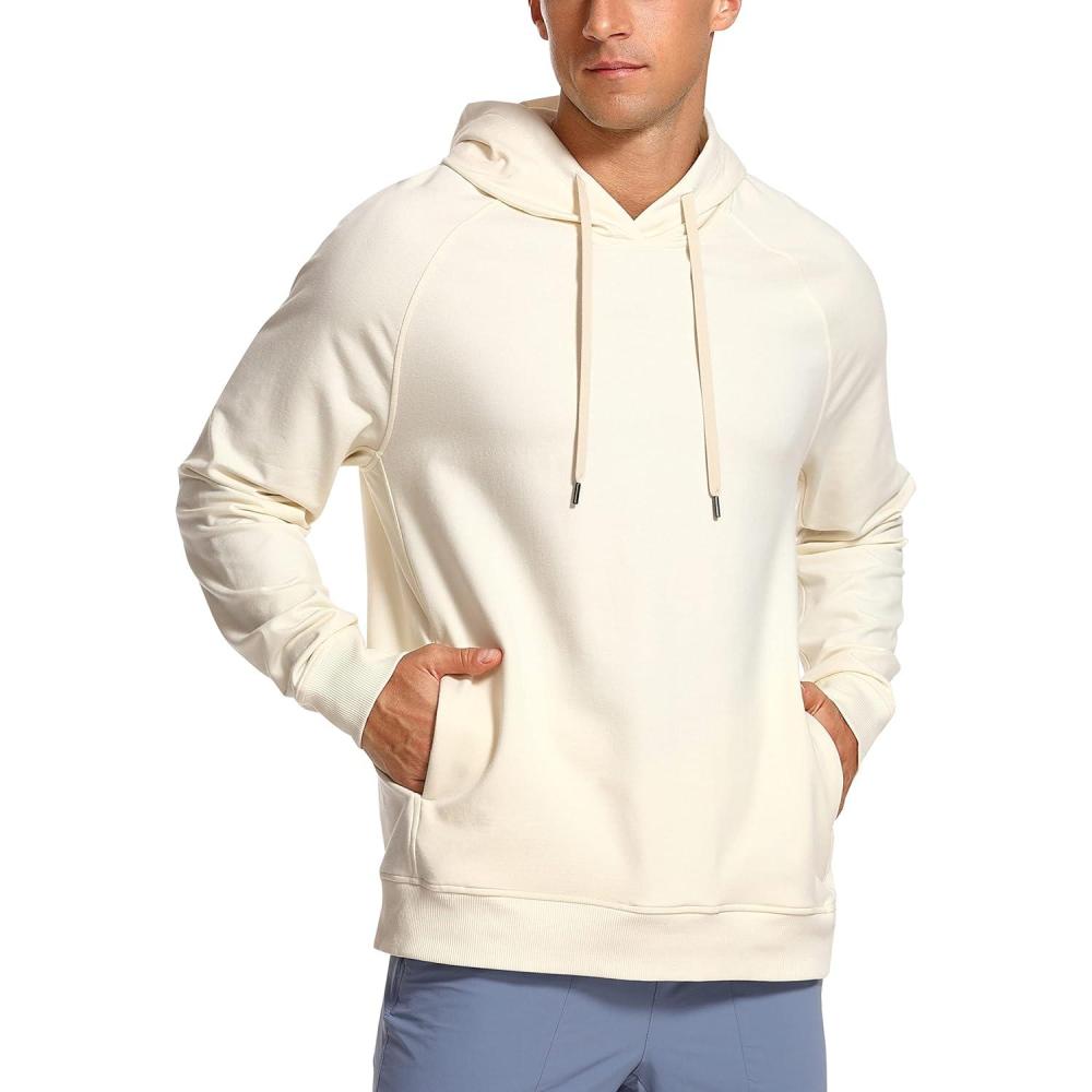 imageCRZ YOGA Hoodies for Men French Terry Hooded Sweatshirts Workout Athletic Casual Pullover Tops with PocketWhite Apricot