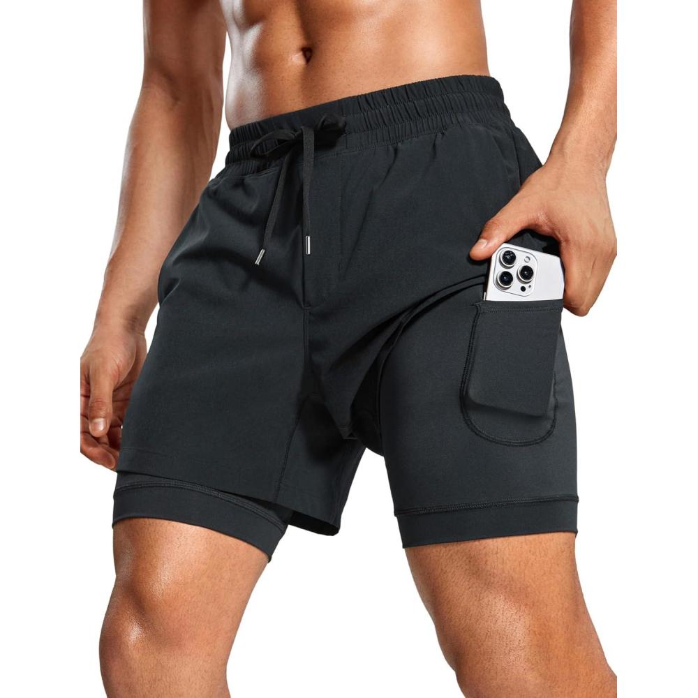 imageCRZ YOGA Mens 2 in 1 Long Liner Shorts 5quot Lined Running Quick Dry for Workout Gym Basketball Athletic with PocketsBlack