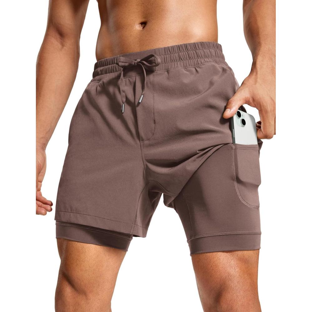 imageCRZ YOGA Mens 2 in 1 Long Liner Shorts 5quot Lined Running Quick Dry for Workout Gym Basketball Athletic with PocketsBrown Rock