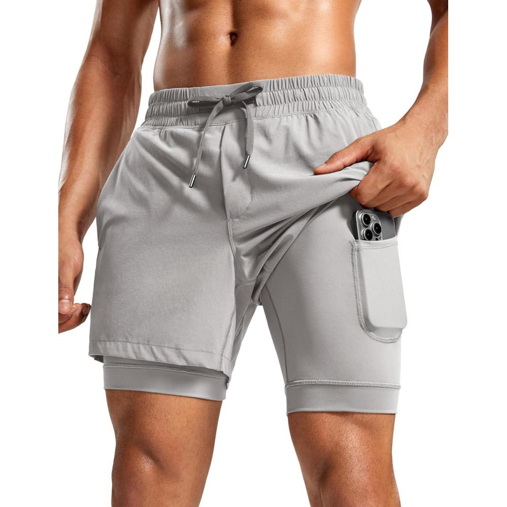 imageCRZ YOGA Mens 2 in 1 Long Liner Shorts 5quot Lined Running Quick Dry for Workout Gym Basketball Athletic with PocketsDark Chrome