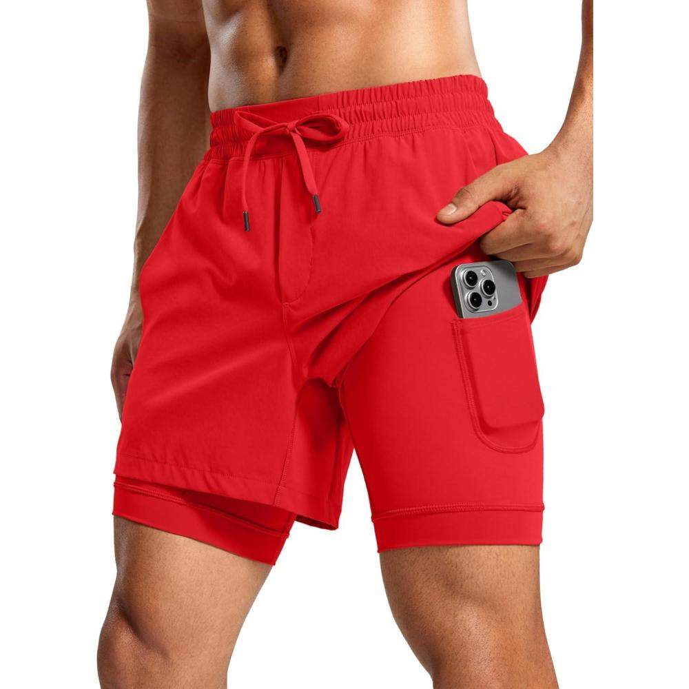 imageCRZ YOGA Mens 2 in 1 Long Liner Shorts 5quot Lined Running Quick Dry for Workout Gym Basketball Athletic with PocketsDeep Red