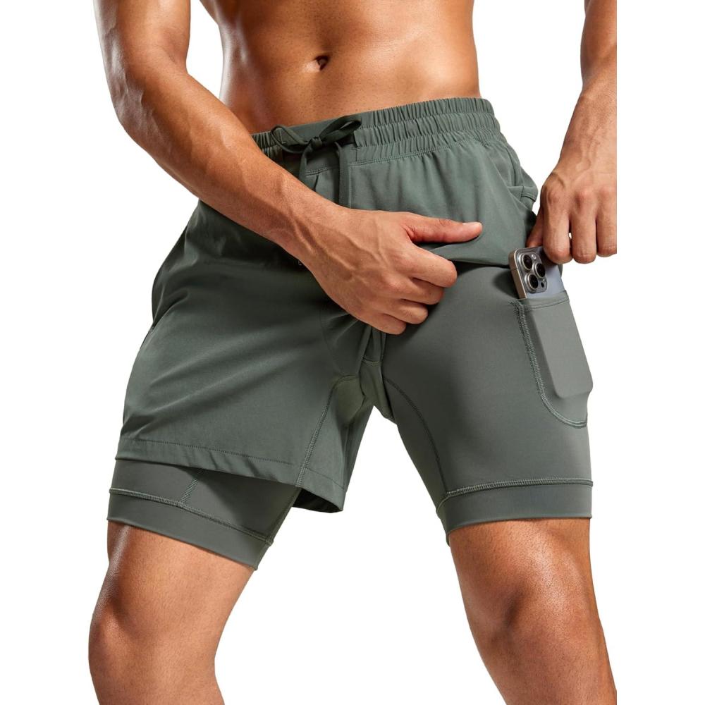 imageCRZ YOGA Mens 2 in 1 Long Liner Shorts 5quot Lined Running Quick Dry for Workout Gym Basketball Athletic with PocketsGrey Sage
