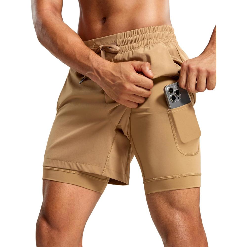 imageCRZ YOGA Mens 2 in 1 Long Liner Shorts 5quot Lined Running Quick Dry for Workout Gym Basketball Athletic with PocketsKhaki Sand