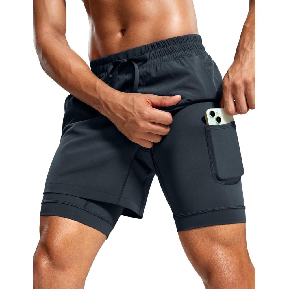 imageCRZ YOGA Mens 2 in 1 Long Liner Shorts 5quot Lined Running Quick Dry for Workout Gym Basketball Athletic with PocketsTrue Navy