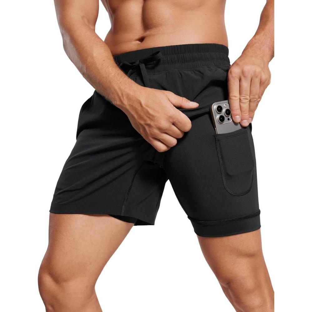 imageCRZ YOGA Mens 2 in 1 Running Shorts 5quot Lined Workout Quick Dry for Workout Sports Athletic with PocketsBlack