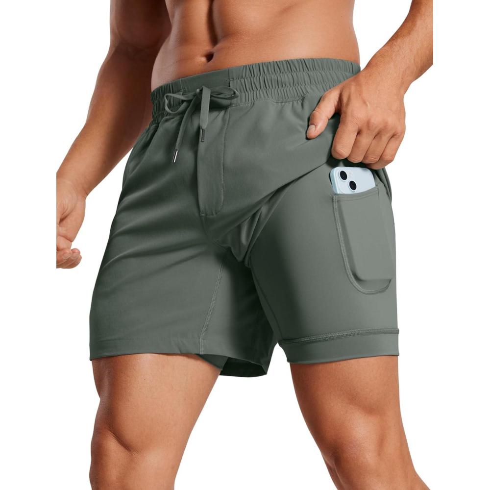 imageCRZ YOGA Mens 2 in 1 Running Shorts 5quot Lined Workout Quick Dry for Workout Sports Athletic with PocketsGrey Sage