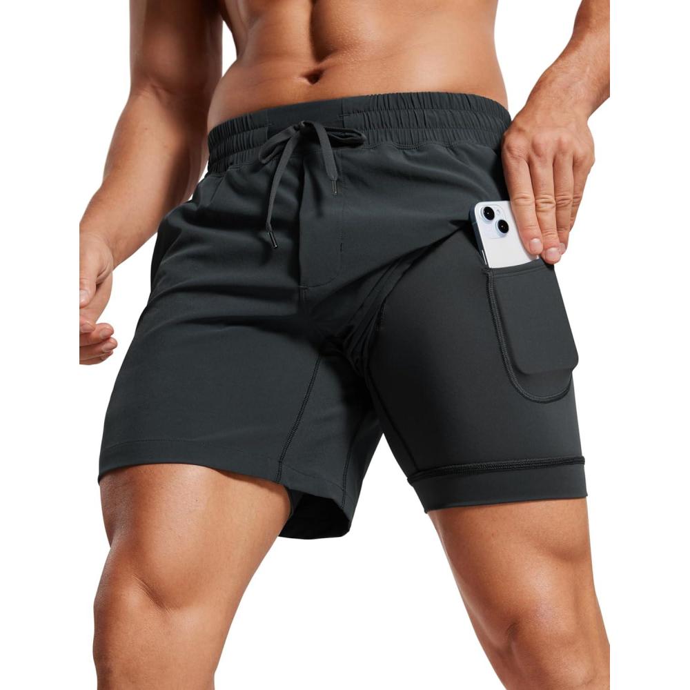 imageCRZ YOGA Mens 2 in 1 Running Shorts 5quot Lined Workout Quick Dry for Workout Sports Athletic with PocketsInk Gray