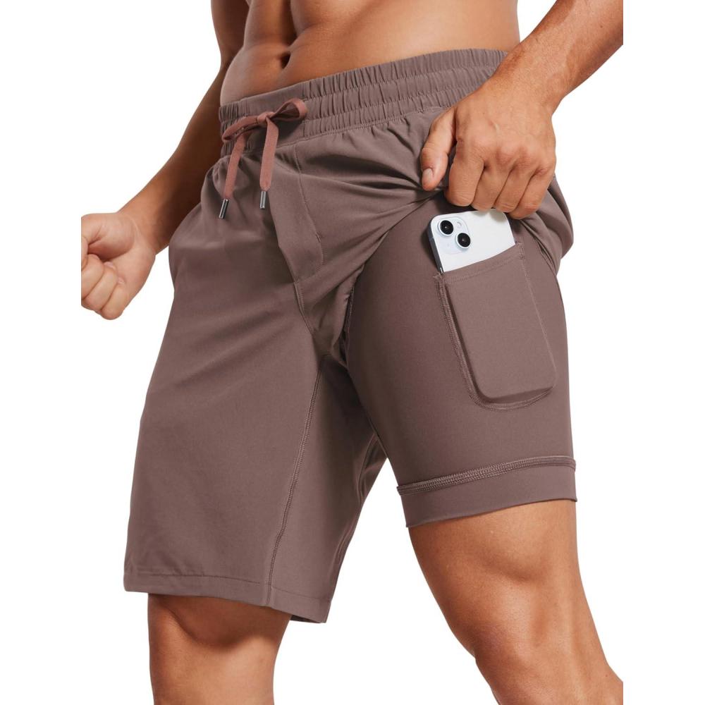 imageCRZ YOGA Mens 2 in 1 Running Shorts 9quot Lined Quick Dry for Workout Gym Sports Basketball Athletic with PocketsBrown Rock