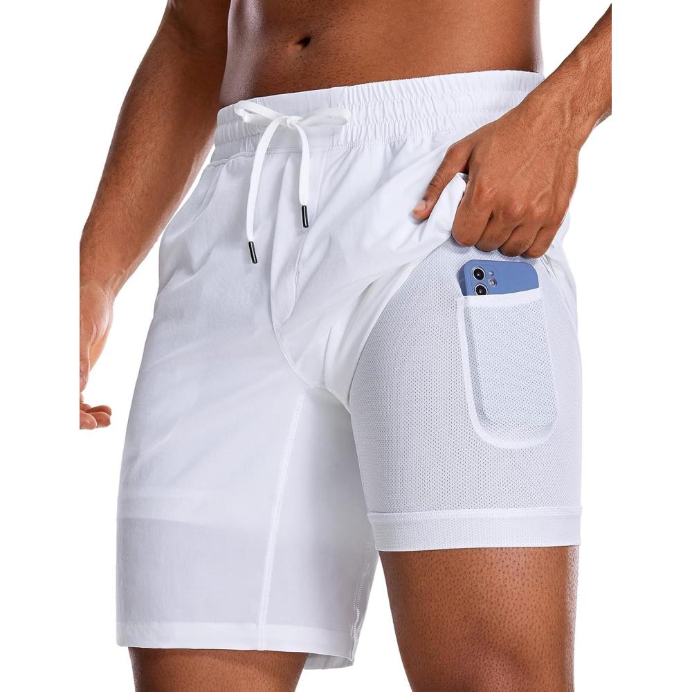 imageCRZ YOGA Mens 2 in 1 Running Shorts 9quot Lined Quick Dry for Workout Gym Sports Basketball Athletic with PocketsWhite