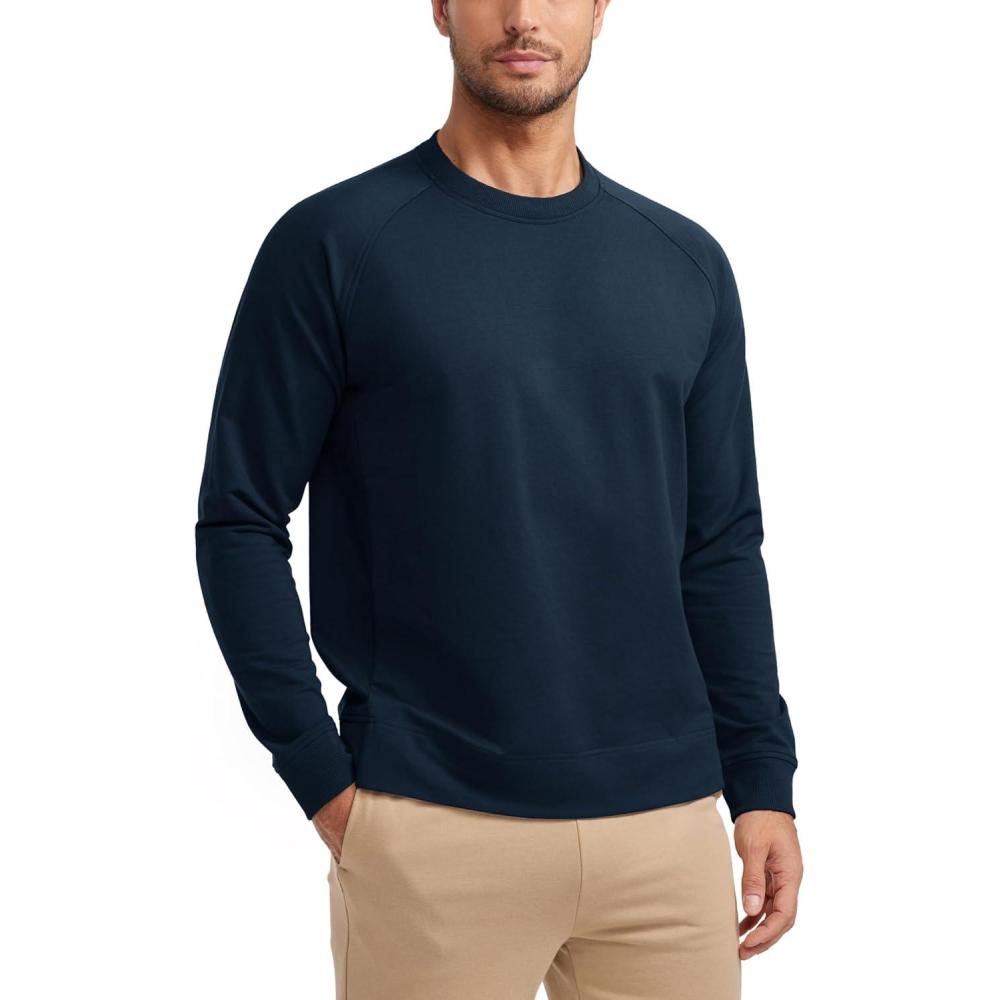 imageCRZ YOGA Mens Crewneck Sweatshirts French Terry Athletic Workout Sweat Shirts Casual Pullover Tops with Zipper PocketTrue Navy