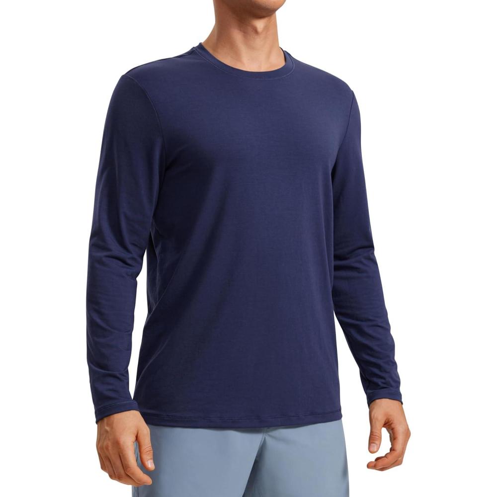 imageCRZ YOGA Mens Long Sleeve Basic Shirts Moisture Wicking Workout Tops Casual Crewneck Comfort TShirtNight Sea Blue