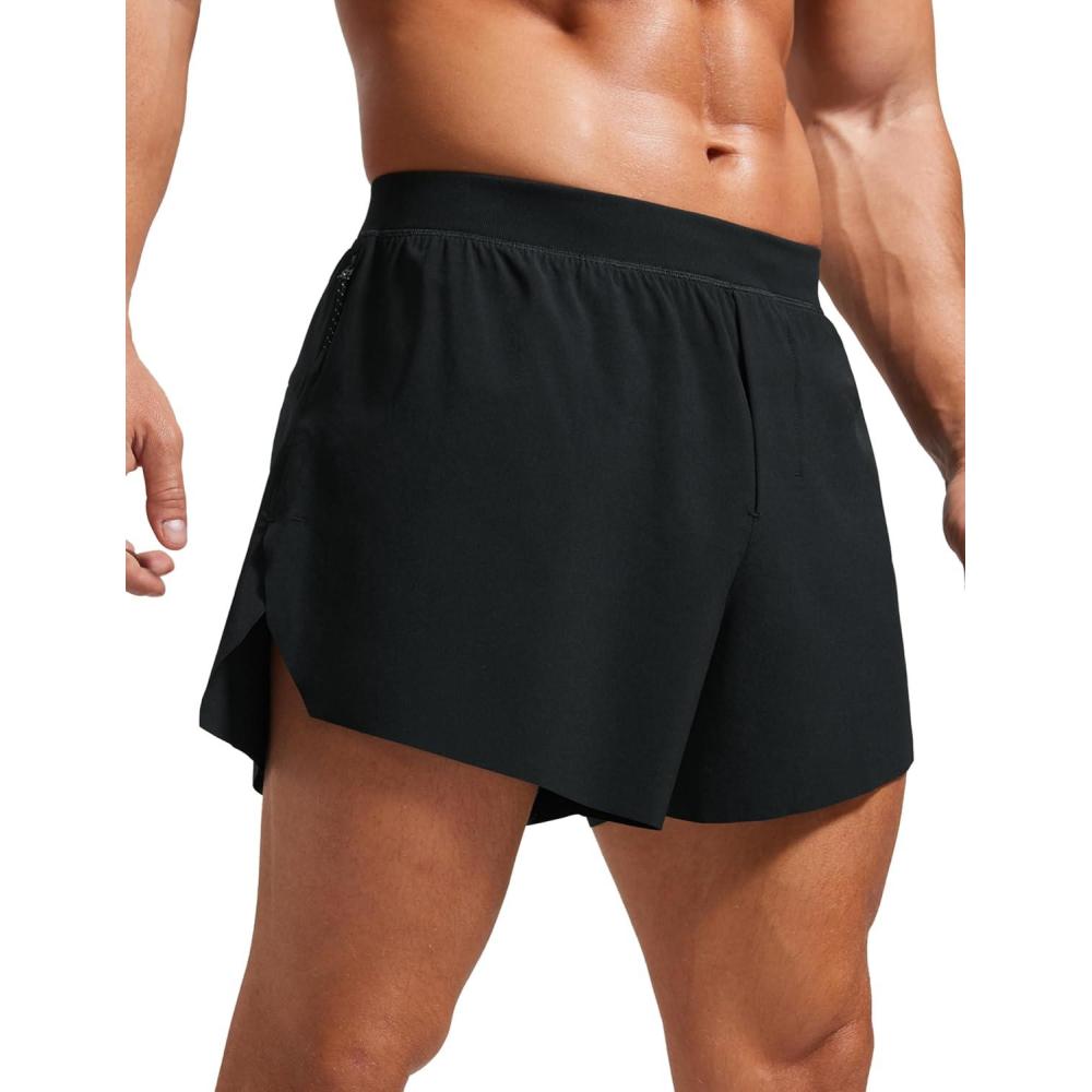 imageCRZ YOGA Mens Side Split Running Shorts 4 Quick Dry for Athletic Gym Workout with Zip Pocket and Brief LinerBlack