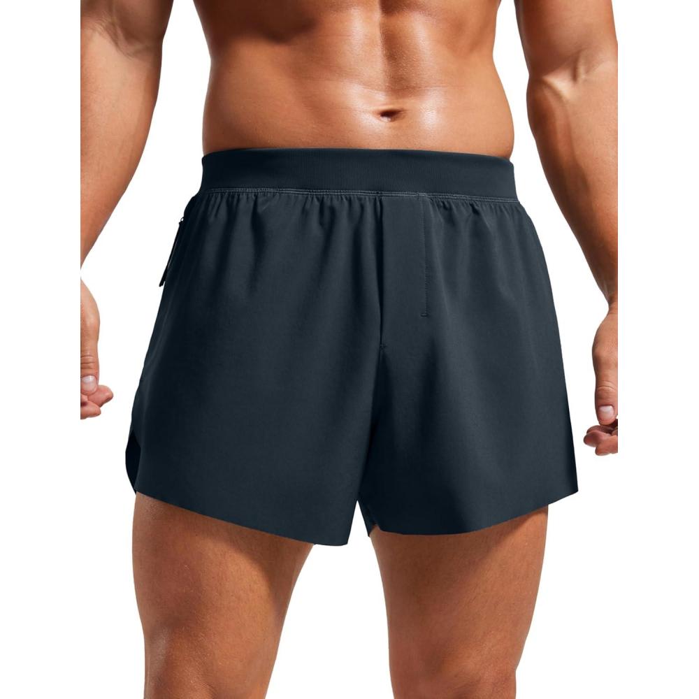 imageCRZ YOGA Mens Side Split Running Shorts 4 Quick Dry for Athletic Gym Workout with Zip Pocket and Brief LinerTrue Navy