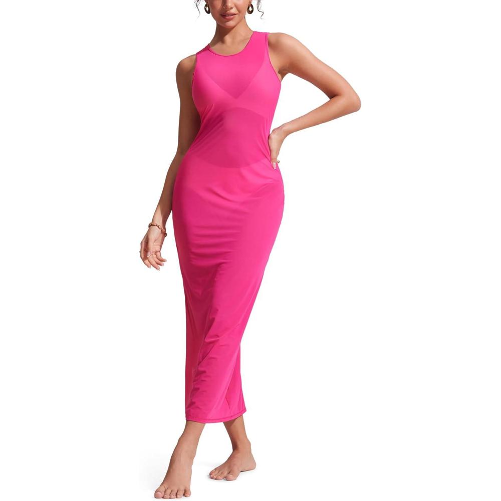 imageCRZ YOGA Mesh Maxi Cover Up Dress for Women Sleeveless Swim Bathing Suit Beach Coverups with Back SlitGranita Pink