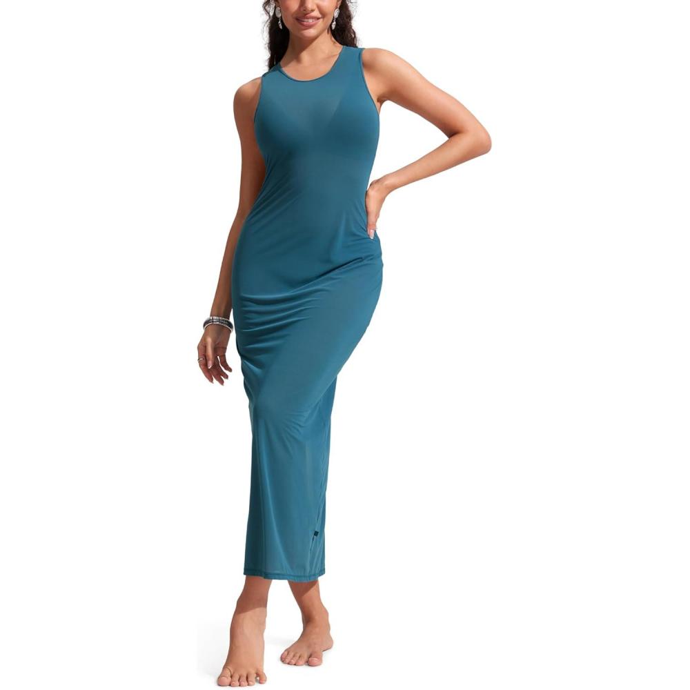 imageCRZ YOGA Mesh Maxi Cover Up Dress for Women  Sleeveless Swim Bathing Suit Beach Coverups with Back SlitSapphire Blue