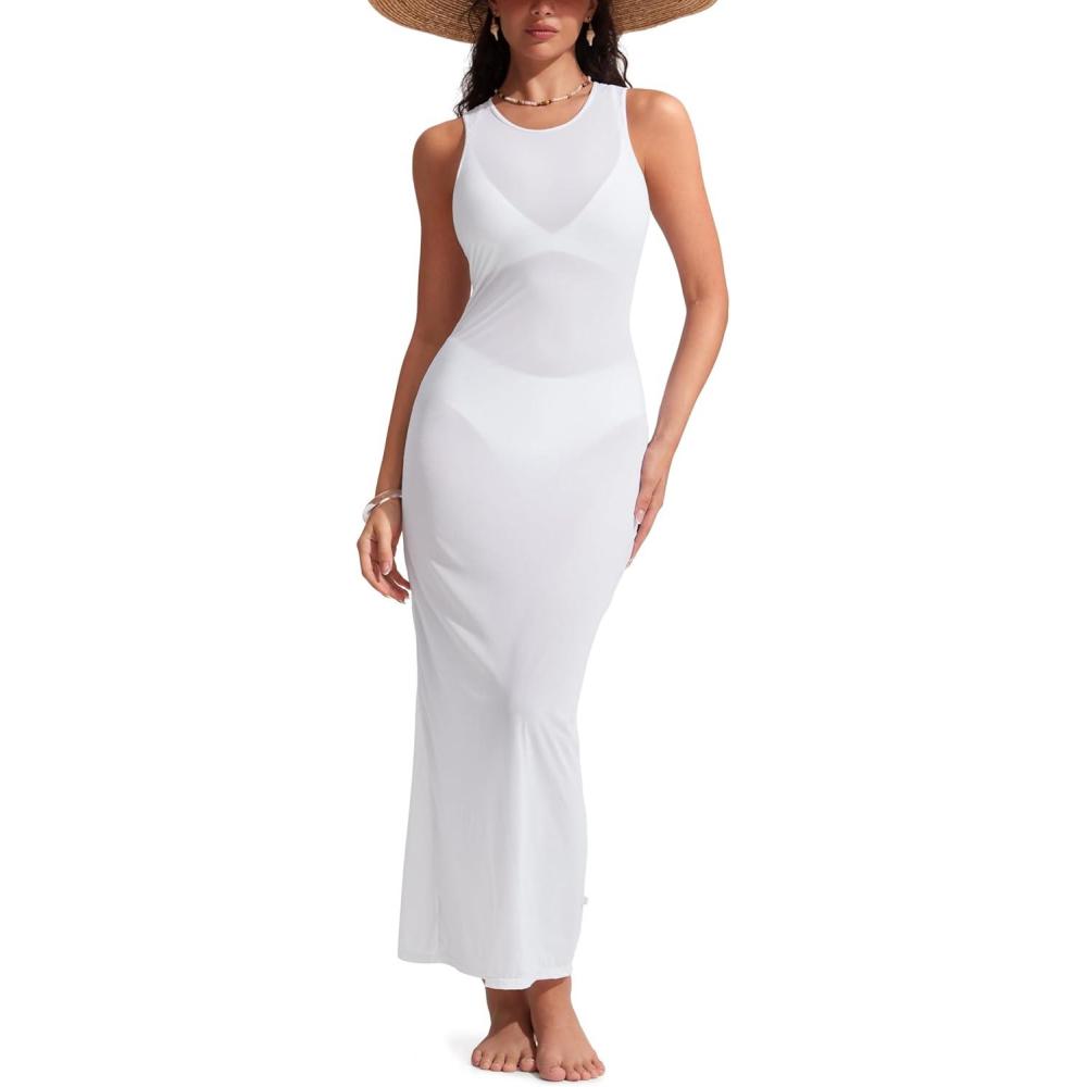 imageCRZ YOGA Mesh Maxi Cover Up Dress for Women Sleeveless Swim Bathing Suit Beach Coverups with Back SlitWhite