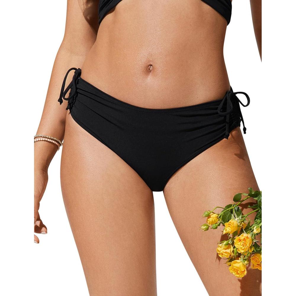 imageCRZ YOGA Mid Waisted Ruched Bikini Bottoms for Women Full Coverage Bathing Swimsuit Adjustable Side Tie Swim BriefsBlack