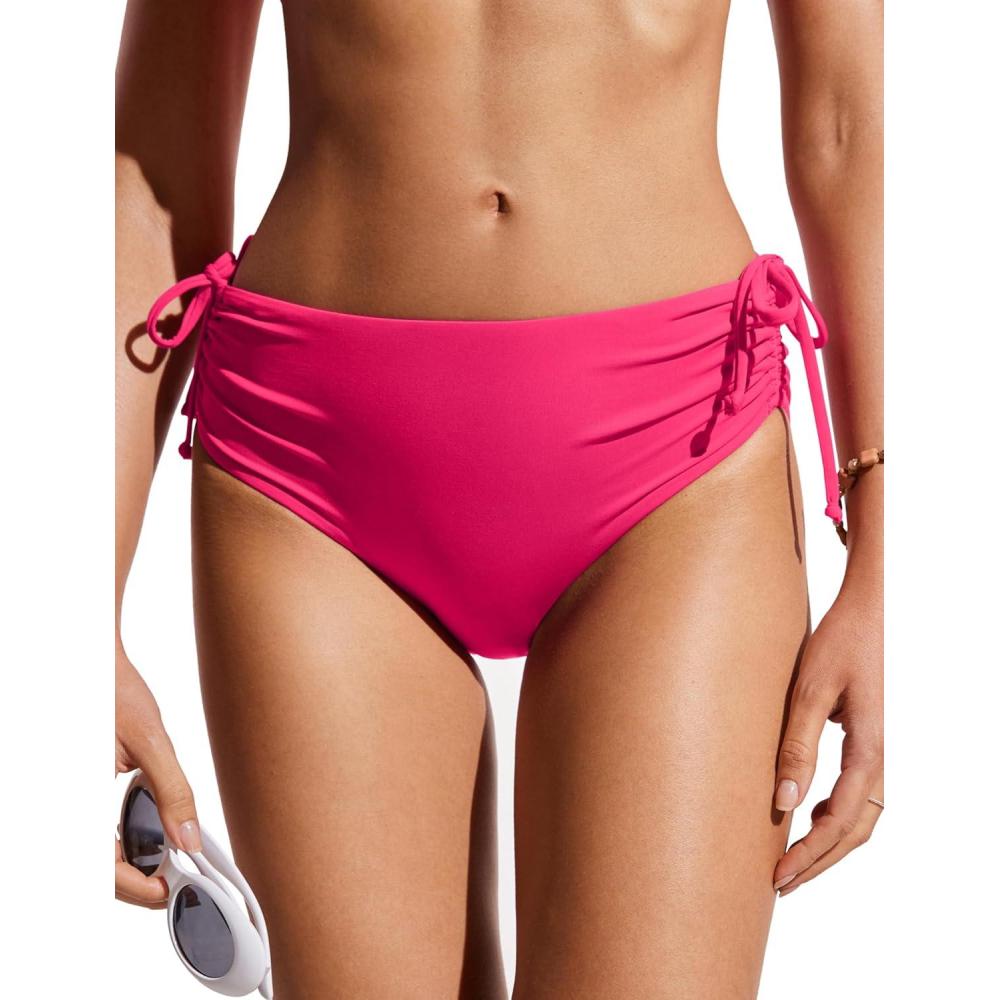 imageCRZ YOGA Mid Waisted Ruched Bikini Bottoms for Women Full Coverage Bathing Swimsuit Adjustable Side Tie Swim BriefsGranita Pink