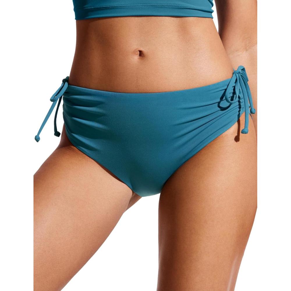 imageCRZ YOGA Mid Waisted Ruched Bikini Bottoms for Women Full Coverage Bathing Swimsuit Adjustable Side Tie Swim BriefsSapphire Blue