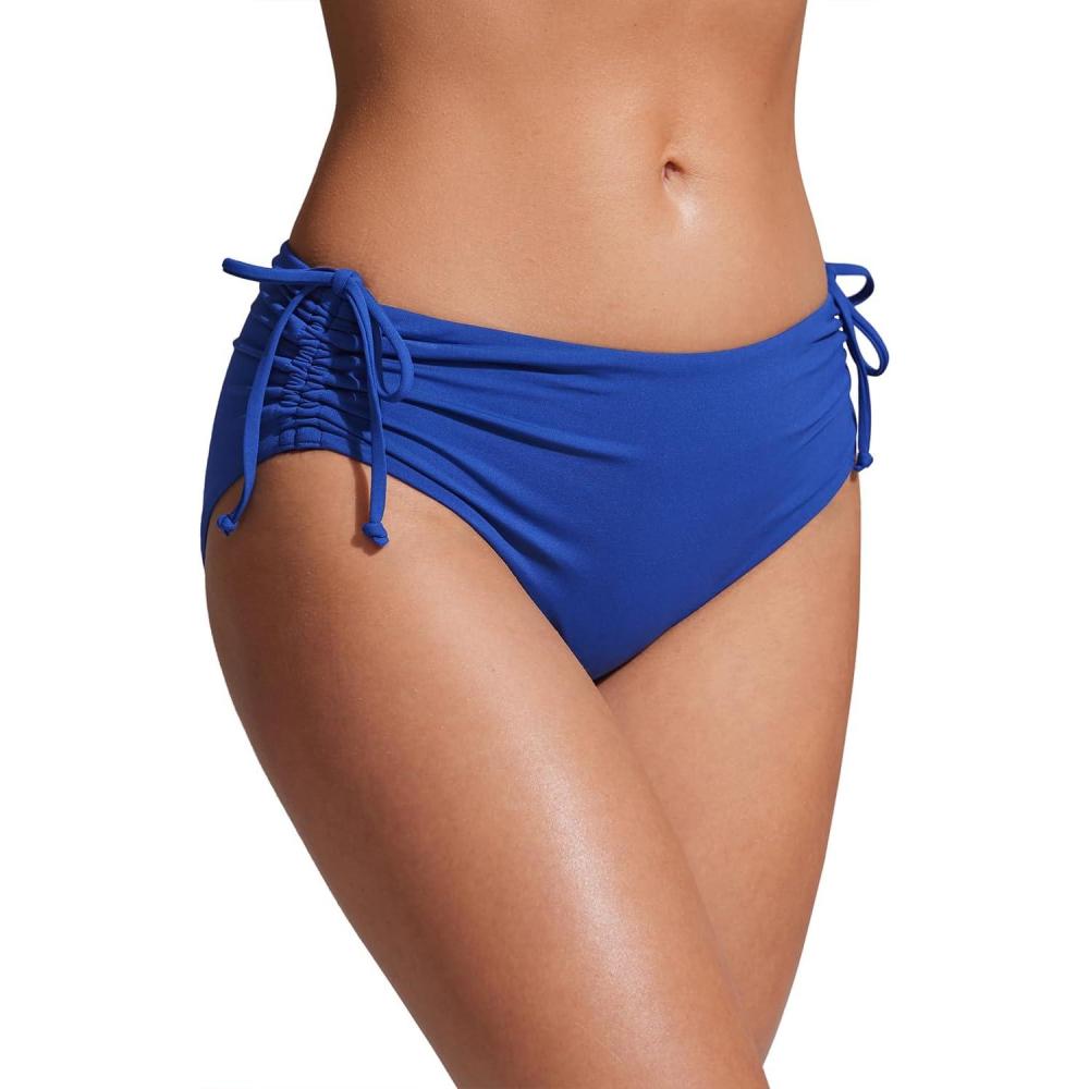 imageCRZ YOGA Mid Waisted Ruched Bikini Bottoms for Women Full Coverage Bathing Swimsuit Adjustable Side Tie Swim BriefsWaves Blue