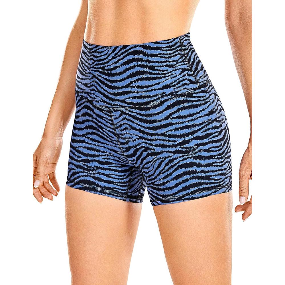 imageCRZ YOGA Naked Feeling Biker Shorts 4  High Waist Yoga Workout Running Gym Spandex WomensBright Purple and Blue Zebra Stripes