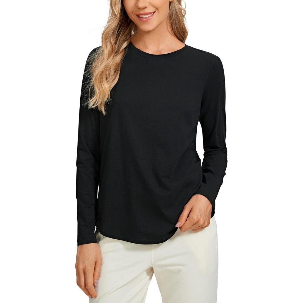 imageCRZ YOGA Pima Cotton Crewneck Long Sleeve Shirts for Women Workout Athletic Yoga Casual Tops Soft Plain TShirtBlack