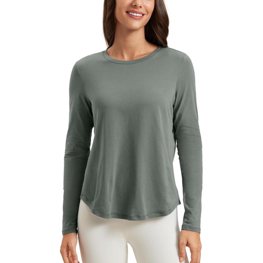 imageCRZ YOGA Pima Cotton Crewneck Long Sleeve Shirts for Women  Workout Athletic Yoga Casual Tops Soft Plain TShirtGrey Sage