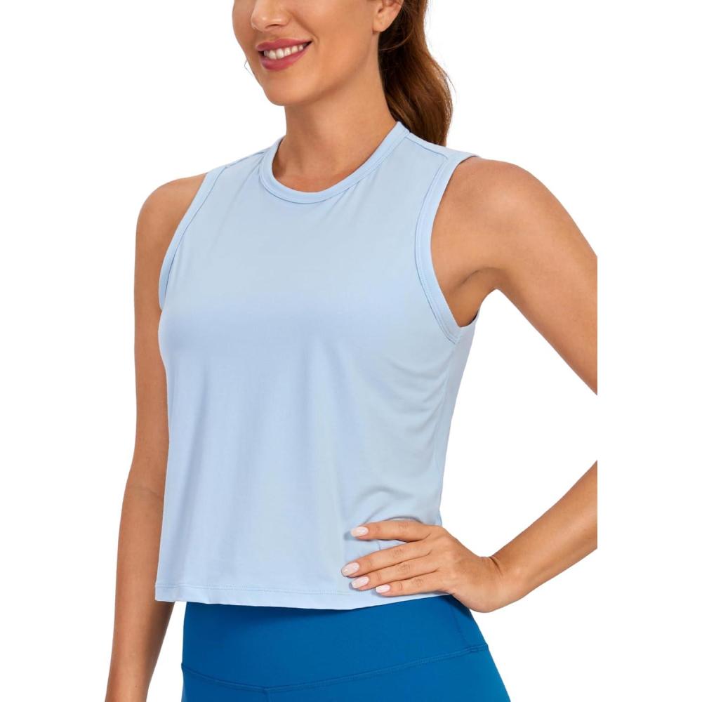 imageCRZ YOGA Pima Cotton High Neck Cropped Tank Tops for Women Soft Crop Workout Athletic Yoga Basic Sleeveless ShirtsBlue Linen