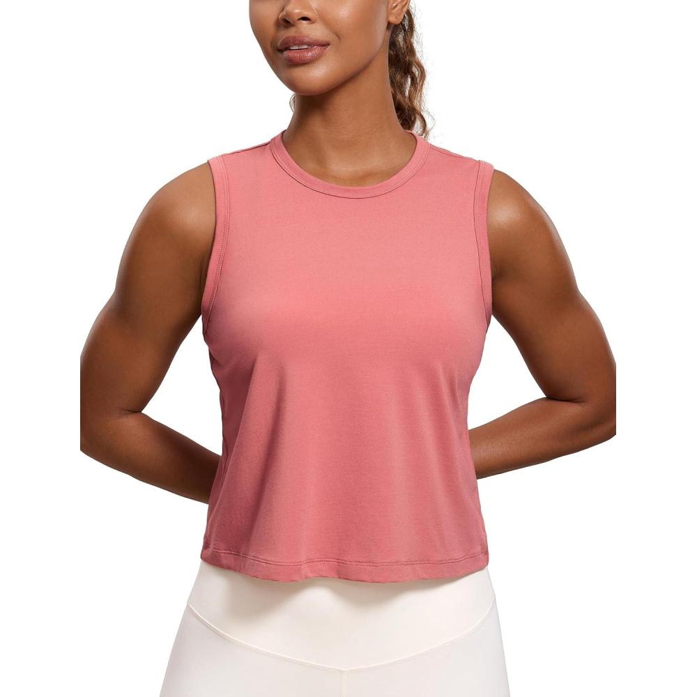 imageCRZ YOGA Pima Cotton High Neck Cropped Tank Tops for Women Soft Crop Workout Athletic Yoga Basic Sleeveless ShirtsBriar Rose